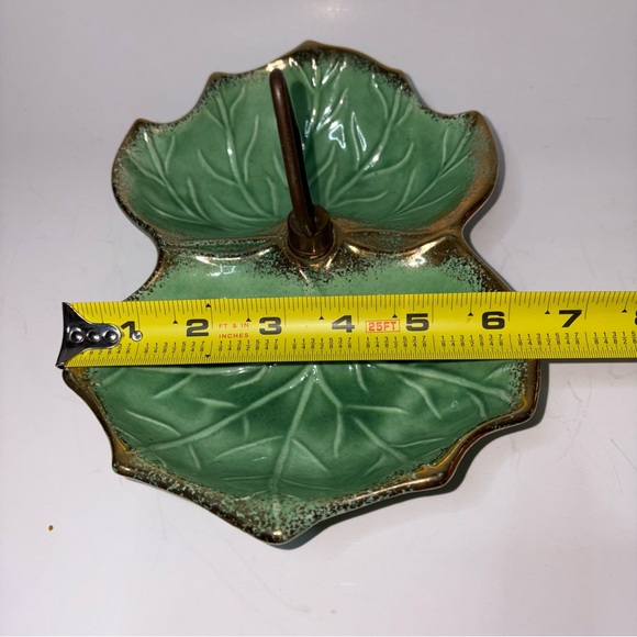 Vintage California Pottery Green Leaf Double Sided Serving Bowl MCM Handle Gold - Picture 7 of 10